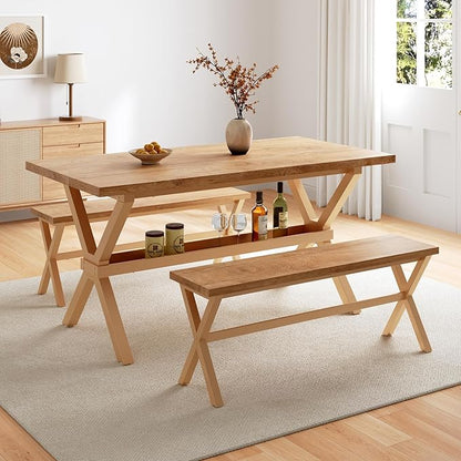 HIPIHOM 63" Dining Table Set with 2 Dining Benches for 4, Scratch Resistance MDF Kitchen Table with Sturdy Metal Legs, Small Dining Table Sets for 4 for Family Gatherings