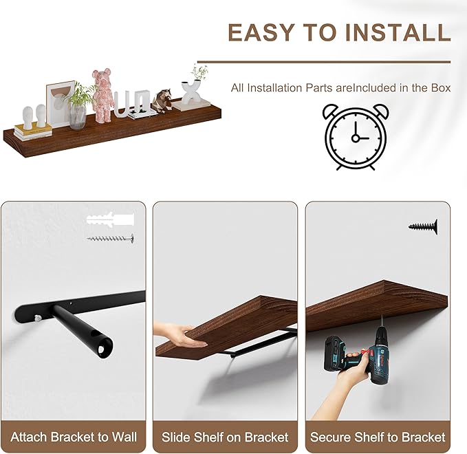 60x12 Inch Floating Shelves for Wall, Set of 2 Solid Wood Wall Shelves, Extra Long Heavy Duty Wall Mount Shelf for Living Room & Kitchen, Large Walnut Floating Shelves