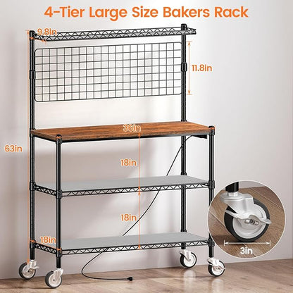 Leteuke Bakers Rack with Power Outlet & Storage, 36 Inch Microwave Stand Kitchen Cart, 4-Tier Metal Kitchen Shelves Cart with Wheels & 20 S-Hooks for Kitchen, NSF Certified, 63 x 18 x 36 Inch-Black