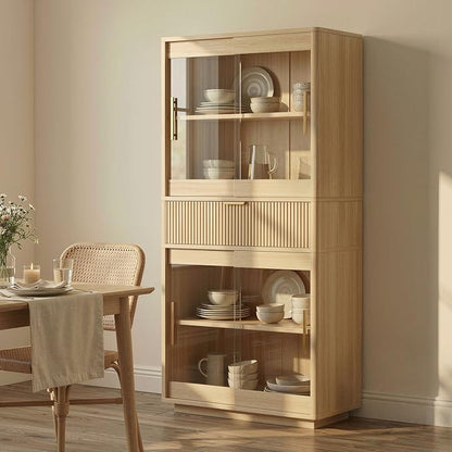 IRONCK Fluted Kitchen Storage Cabinet with Sliding Glass Doors, 69" Tall Modern Farmhouse Cabinet with Drawer and Adjustable Shelves, Freestanding Cupboard for Kitchen, Dining Room, Living Room, Oak