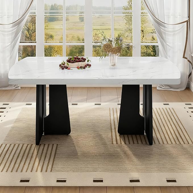 63" Faux Marble Island Table, Rustic Dining Table with 350Lbs Capacity, Farmhouse Dining Table with Geometric Legs for Family Meals, White+Black