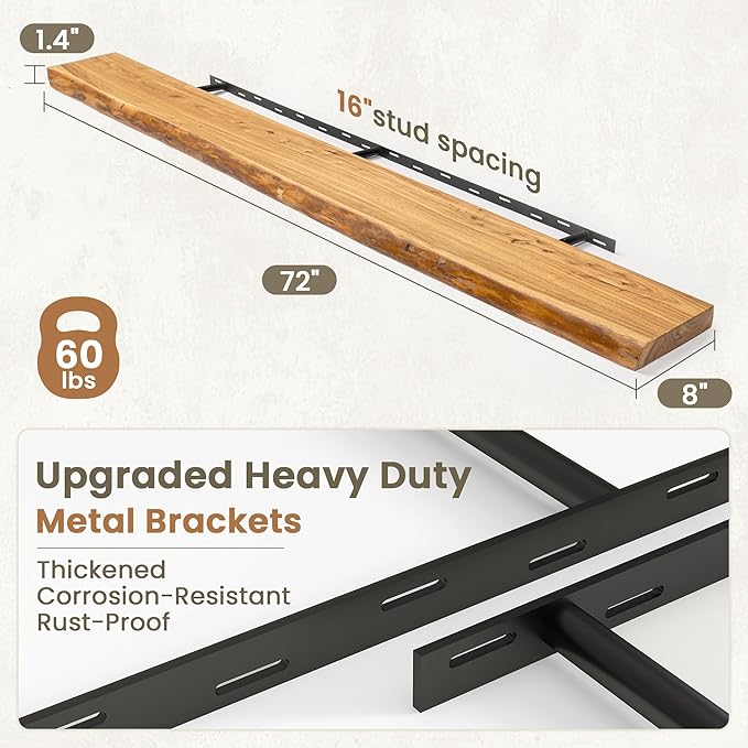 Fun Memories Floating Shelves for Wall Decor Set of 1-72 Inch Solid Elm Wood Live Edge - Rustic Natural Wall Shelves with Invisible Brackets - for Living Room, Bedroom, Kitchen - Natural Finish