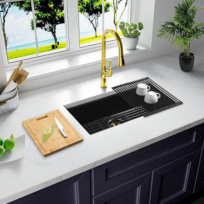 Black Undermount Kitchen Sink 28 Inch - Drop In Granite Quartz Composite Workstation Sink - Deep Single Bowl,Dual Mount,with Accessories(Black, 28" x 18")