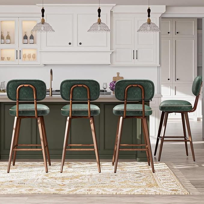 MALOL 26“ Swivel Bar Stools Set of 3, Mid Century PU Leather Counter Height Bar Chairs with Low Back and Metal Legs, Modern Bar Stool Chair for Kitchen Island, Green