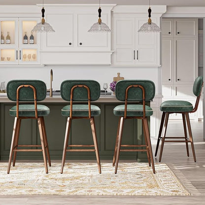 MALOL 26“ Swivel Bar Stools Set of 3, Mid Century PU Leather Counter Height Bar Chairs with Low Back and Metal Legs, Modern Bar Stool Chair for Kitchen Island, Green