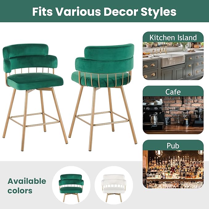 26" Counter Height Bar Stools Set of 2, 180° Swivel Upholstered Bar stools with Backs and Metal Legs, Bar Stools for Kitchen Island, Cafe, Pub,Green
