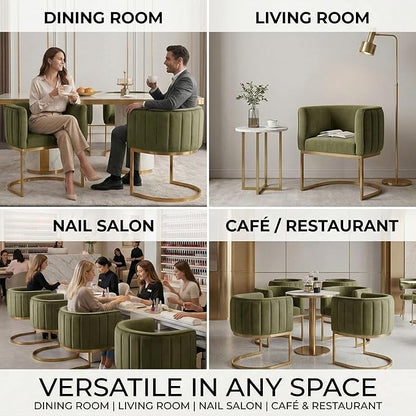 Hyfirm Olive Green and Gold Modern Barrel Dining Room Chairs Set of 6, Velvet Upholstered Accent Chairs with Curved Back for Kitchen Island, Luxury Comfort Seating Cantilever Metal Frame