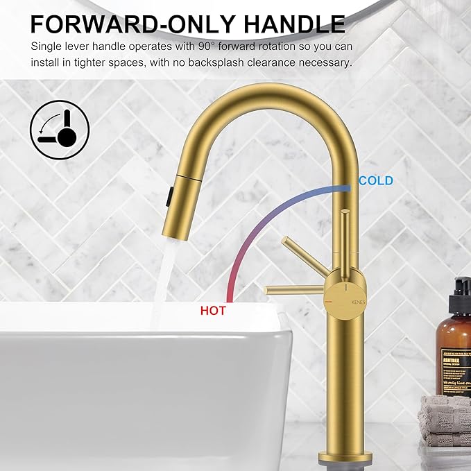 KENES Brushed Gold Tall Bathroom Faucets with Pull Down Sprayer, High Vessel Sink Faucet with Pull Out Sprayer, Single Handle Vanity Faucet 1 Hole with Pop Up Drain & Supply Lines, LJ-9065A-4