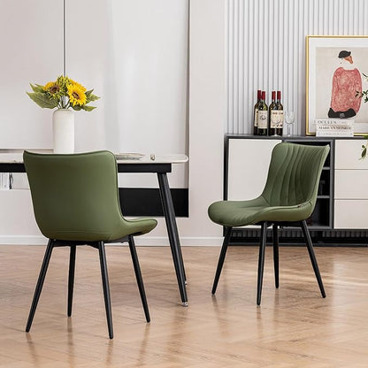 Kidol & Shellder Dining Chairs Set of 2, Mid Century Modern Kitchen Chairs with Black Metel Legs, PU Leather Upholstered Side Chair for Dining Room, Living Room, Lounge, Restaurant, Bean Green