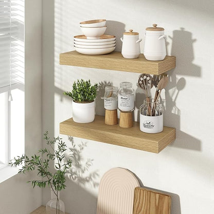 Acovy 16 Inch Floating Shelves for Wall 2 Pack, 16" Wall Shelves for Books, Storage, Decor, Wall Mounted Floating Shelf with Invisible Brackets for Kitchen, Living Room, Oak