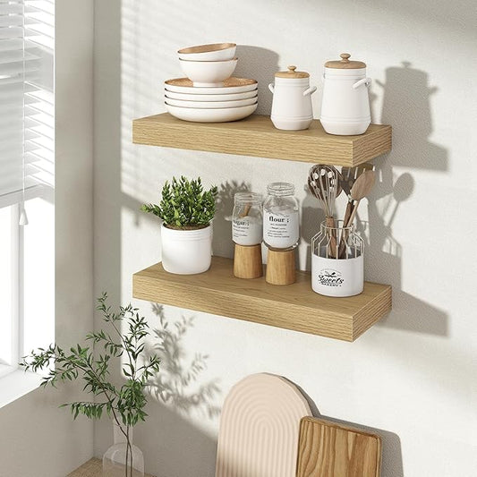 Acovy 16 Inch Floating Shelves for Wall 2 Pack, 16" Wall Shelves for Books, Storage, Decor, Wall Mounted Floating Shelf with Invisible Brackets for Kitchen, Living Room, Oak