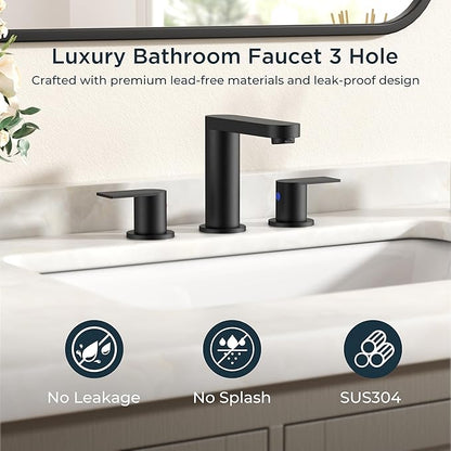 FORIOUS Matte Black Bathroom Faucet 3 Hole, 8 Inch Widespread Bathroom Sink Faucet with Pop-up Drain and cUPC Supply Lines for Basin, Vanity, Laundry Room and Restroom