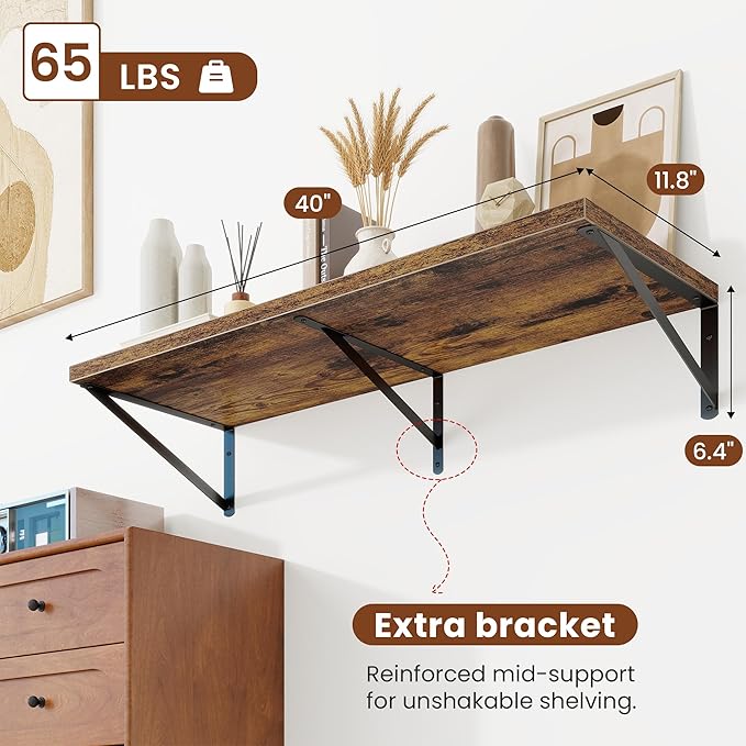 Deep Wall Shelves 40"W x 12"D Engineered Wood Floating Shelves for Wall, Sturdy Metal Bracket Bookshelves Home Decor Storage for Living Room Bedroom Bathroom Kitchen, Set of 2, Rustic Brown Finish