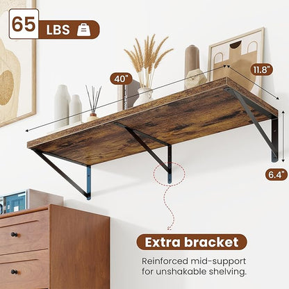 Deep Wall Shelves 40"W x 12"D Engineered Wood Floating Shelves for Wall, Sturdy Metal Bracket Bookshelves Home Decor Storage for Living Room Bedroom Bathroom Kitchen, Set of 2, Rustic Brown Finish
