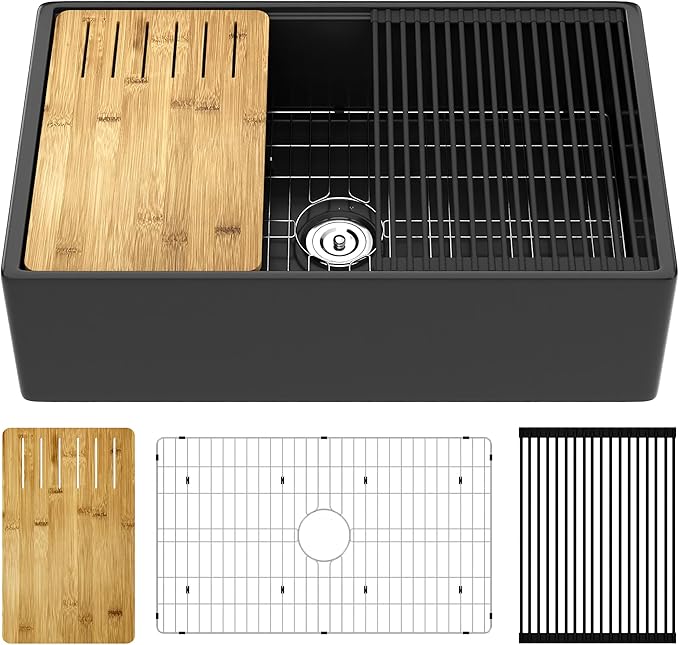 DeerValley Black Farmhouse Sink 33 Inch Fireclay Farmhouse Kitchen Sink Undermount Workstation Single Bowl Kitchen with Ledge and Workstation Accessories