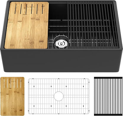 DeerValley Black Farmhouse Sink 33 Inch Fireclay Farmhouse Kitchen Sink Undermount Workstation Single Bowl Kitchen with Ledge and Workstation Accessories