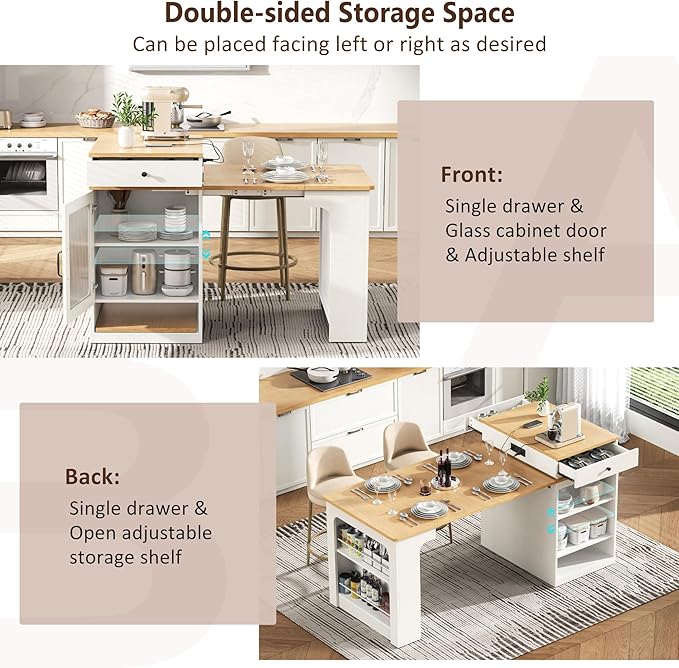 59.5" Kitchen Island with Extendable Dining Table, Double-Sided Storage, 2 Drawers, and Built-in Power Outlet, Black (White)