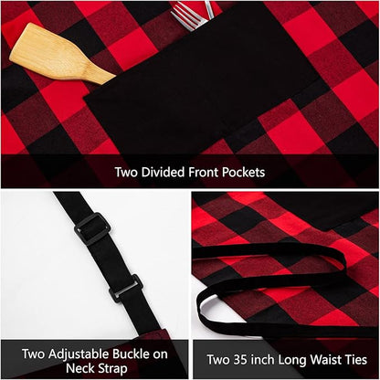 Jubatus 1 Pack Buffalo Check Apron with 2 Pockets Adjustable Bib Chef Kitchen Aprons for Men and Women, Red & Black