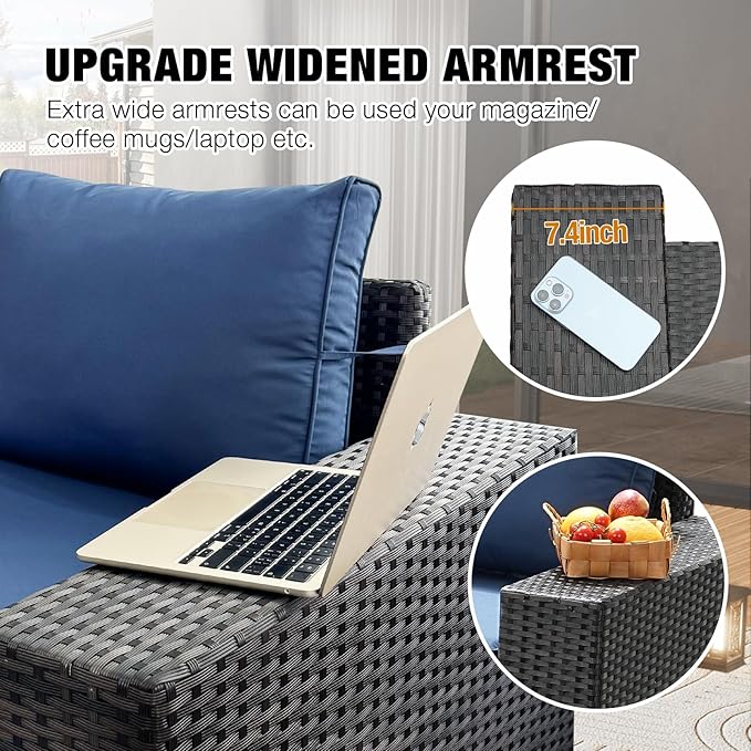 JOYURE 6 Pieces Patio Furniture Set All-Weather Outdoor Wicker Sectional Conversation Sofa Rattan Patio Seating Sofa with Cushion and Glass Table for Porch Poolside,Navy