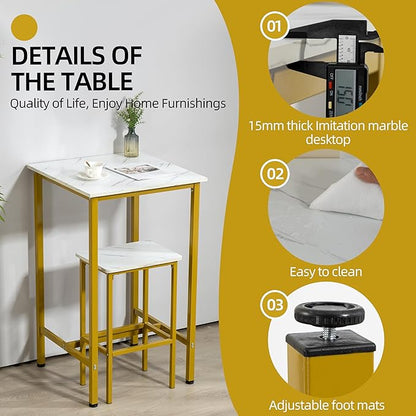 Finnhomy Bar Table, 23.6" Pub High Top, Square Bar Height, Counter Height Cocktail, Small Kitchen Set for 2, Breakfast for Kitchen, Living Room, White Marble and Gold