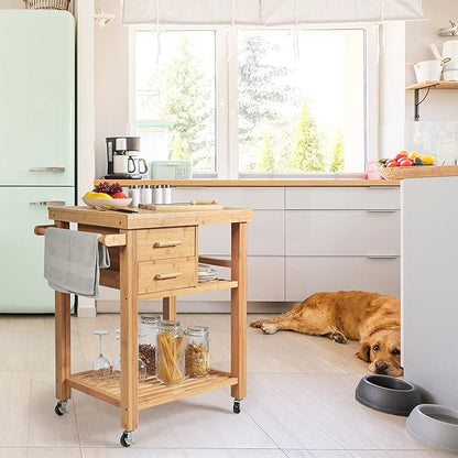 HAPPYGRILL Kitchen Island with Storage, Rolling Kitchen Cart with Shelves and Drawers, Multi-Purpose Bamboo Utility Cart Serving Cart on Lockable Wheels with Towel Rack