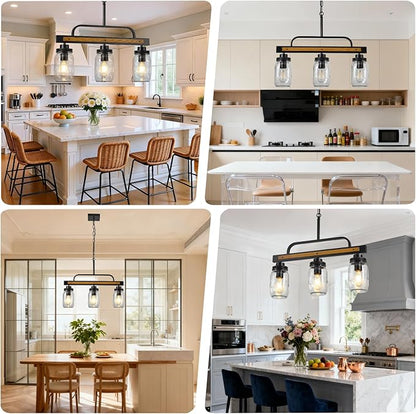 3-Light Farmhouse Dining Room Chandelier, Black Mason Jar Chandelier Lighting Fixture for Kitchen Island, Dining Table, Rustic Linear Cluster Hanging Pendant Light, Faux Wood with Glass Shade