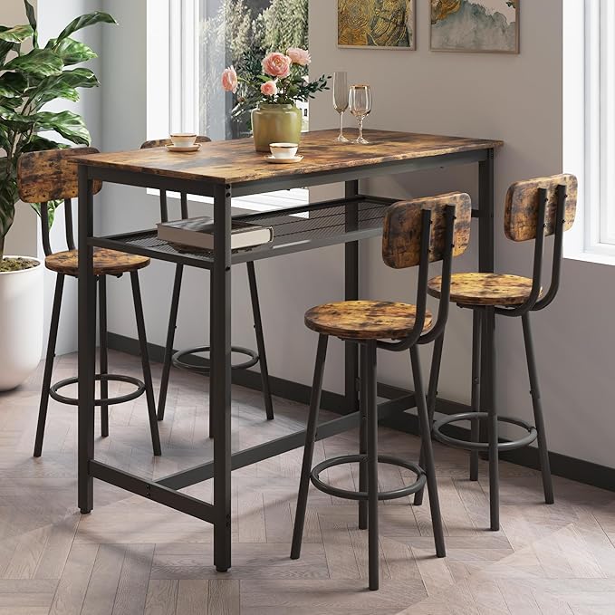RuiSiSi Counter Height Dining Table Set for 4, Heavy Duty Metal Kitchen Table Set with Storage Shelf and 4 Height Chairs, Modern Bar Table and Chairs Set for Kitchen, Dining Room, Bar, Brown