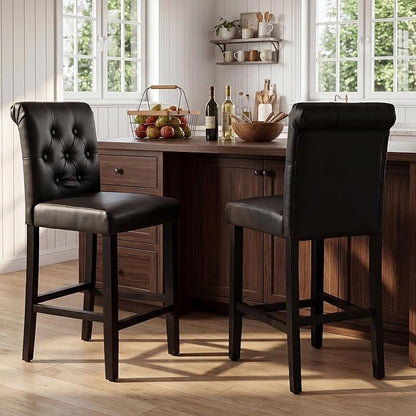LSSBOUGHT 24 Inches Leather Counter Height Stools Set of 2 with Solid Wood Legs Bar Chairs for Kitchen lsland & Dining Room(Black,2PCS)