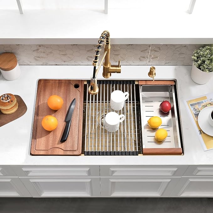 32×19 Undermount Kitchen Sink Gold - 16 Gauge Stainless Steel Gold Kitchen Sink Undermount,10 Inch Deep Single Bowl Workstation Sinks Include Accessories,Heavy-Duty for Large Modern Kitchens