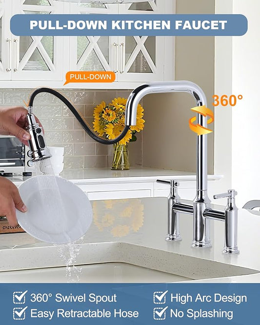 Bridge Faucet for Kitchen Sink Chrome: 3 Hole Solid Brass Farmhouse Kitchen Faucet with Pull Down Sprayer, 2 Handle 8 Inch Centerset High Arched Faucet with 360° Swivel Spout