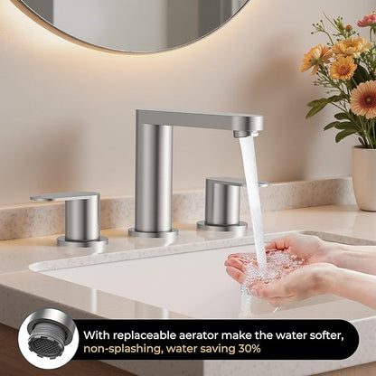 QFN Brushed Nickel Bathroom Faucets 3 Hole, 8 inch Widespread Bathroom Faucet with Pop Up Drain and 24" cUPC Supply Hoses, Lead-Free Two Handles Suitable for 6-12 Inch RV, Restroom, Vanity Sink