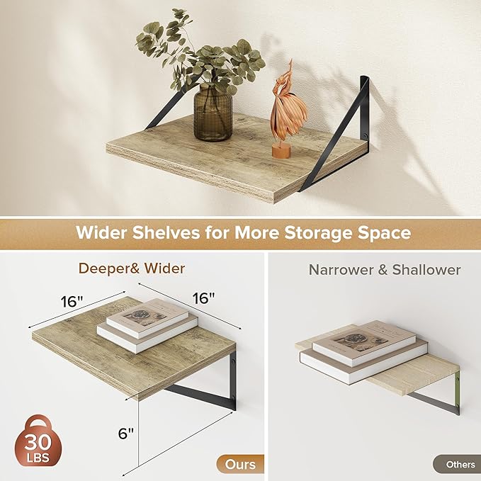 Acovy Deep Floating Shelves Wall Mounted, 16"x12" Gray Wall Shelves with Brackets Set of 2 for Bedroom, Living Room, Bathroom, Kitchen, Office - Storage & Display Shelf for Decor, Books, Plants