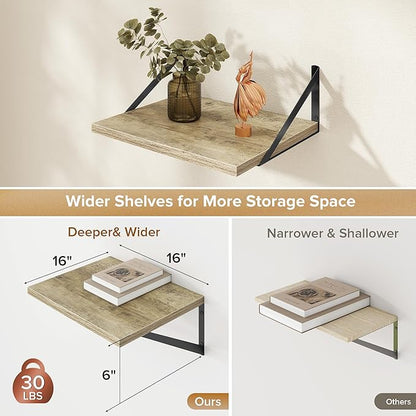 Acovy Deep Floating Shelves Wall Mounted, 16"x12" Gray Wall Shelves with Brackets Set of 2 for Bedroom, Living Room, Bathroom, Kitchen, Office - Storage & Display Shelf for Decor, Books, Plants