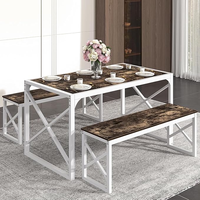 VECELO Kitchen Dining Table Benches Set for 4/6, 55" Wooden Dinette with 2 Benches, Large Embedded Desktop for Small Space, Breakfast Nook, Dark Brown