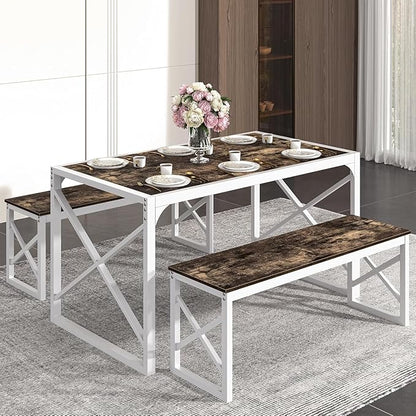VECELO Kitchen Dining Table Benches Set for 4/6, 55" Wooden Dinette with 2 Benches, Large Embedded Desktop for Small Space, Breakfast Nook, Dark Brown