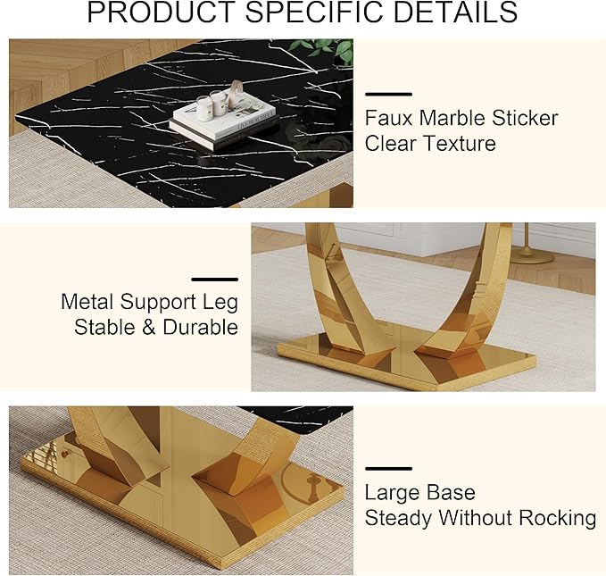 Modern Kitchen Table, Faux Marble Dining Table with 0.4" Thick Tempered Glass Top, 71" Black Dining Room Table with Gold U-Shaped Metal Base for Kitchen Dining Room