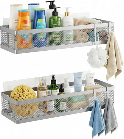 PUSDON 16.5-Inch Extra Long Slim Mesh Shower Caddy, Wall Mounted Bathroom Organizer with Adhesive, Heavy Duty Rustproof Shelf for Narrow Kitchen Pantry & RV, Holds 50 LBS Silver Gray -2 Packs Netting