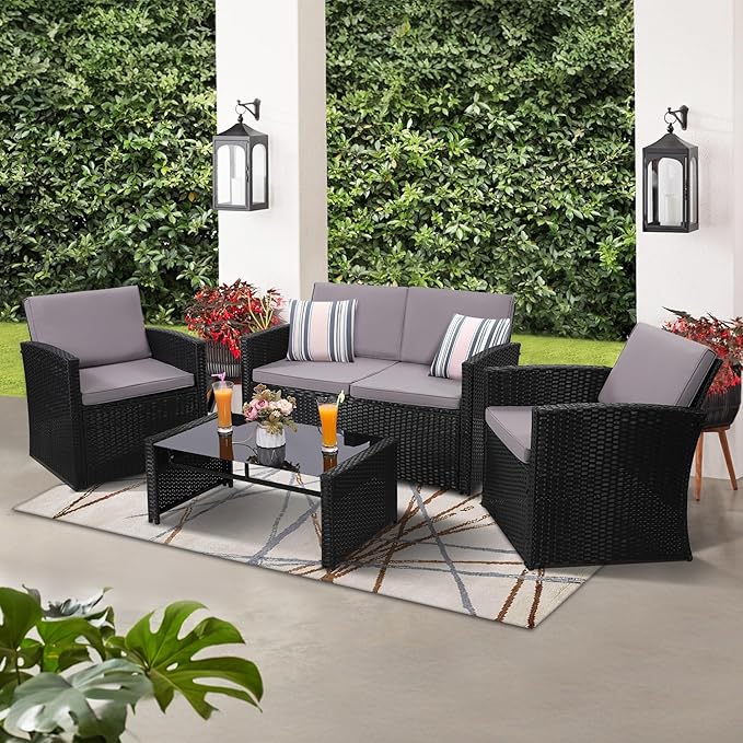 KROFEM 4-Piece Patio Furniture Set, Wicker Outdoor Rattan Sectional Sofa with Cushions and Glass Table, All-Weather Outdoor Conversation Set, Ideal for Garden, Porch, Backyard, Grey