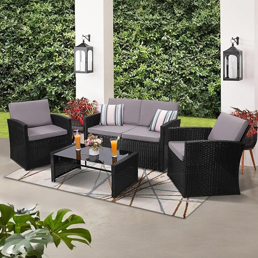 KROFEM 4-Piece Patio Furniture Set, Wicker Outdoor Rattan Sectional Sofa with Cushions and Glass Table, All-Weather Outdoor Conversation Set, Ideal for Garden, Porch, Backyard, Grey