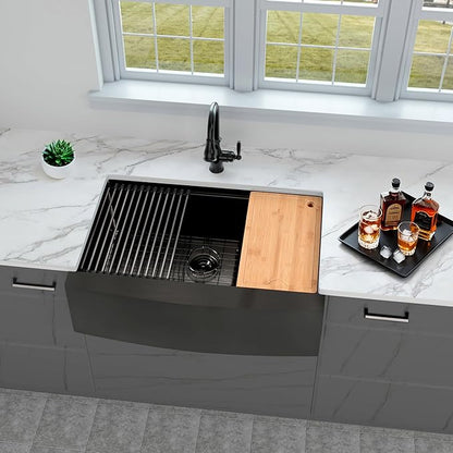 Kitsitchen 33 Inch Black Farm Sink, 16 Gauge T-304S Stainless Steel Single Bowl Farmhouse Kitchen Sinks, 33" x 20" x 10" Large and Deep Apron Front Workstation Sink with Accessories