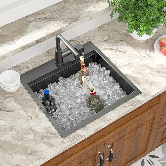 Mocoloo 21 Inch Drop in Bar Sink with Faucet, 21x20 Black Topmount Kitchen Sink - Stainless Steel Single Bowl Workstation with Pull-Out Faucet
