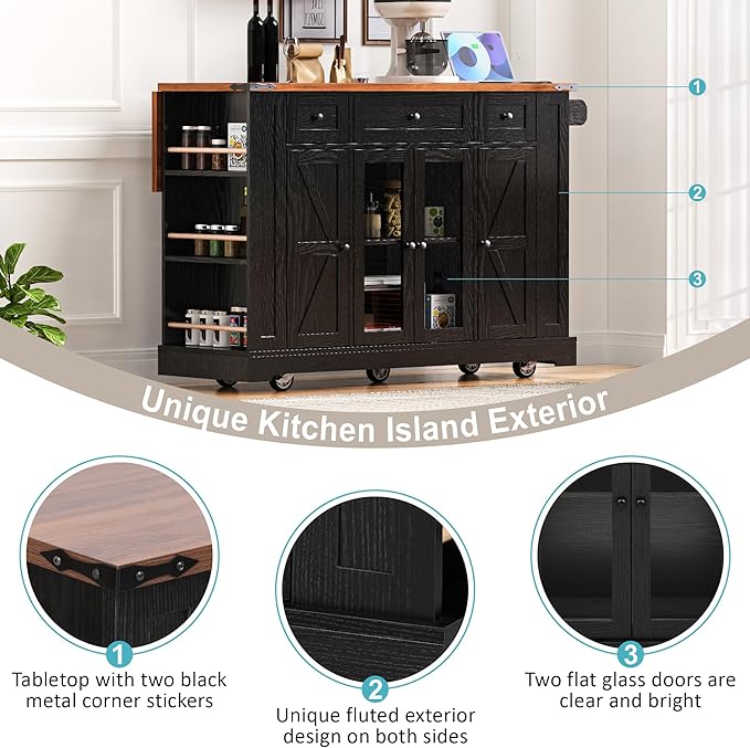 GOWE K&K 53'' Farmhouse Kitchen Island with Two Tempered Glass Cabinet Doors, Power Outlet, Rolling Kitchen Cart on Wheels with Drop Leaf, 5 Open Side Racks, 3 Drawers, for Kitchen, Dining Room, Black