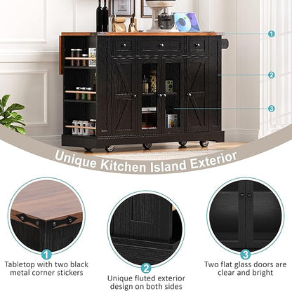GOWE K&K 53'' Farmhouse Kitchen Island with Two Tempered Glass Cabinet Doors, Power Outlet, Rolling Kitchen Cart on Wheels with Drop Leaf, 5 Open Side Racks, 3 Drawers, for Kitchen, Dining Room, Black
