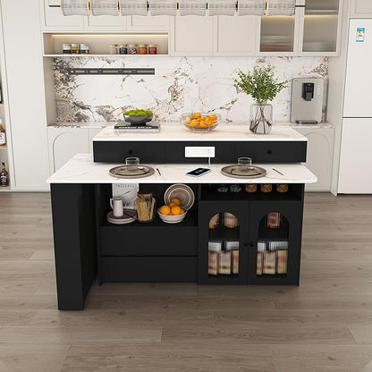 Kitchen Island Set with 2 Solid Wood Chairs, Extendable Rotating Table,with Marble Veneer Retro Design, 4 Drawers Glass Door Cabinets, Expandable Dining Station for 2 4 Person