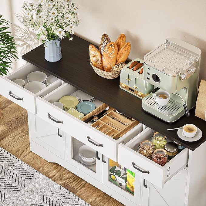 Likein Sideboard Buffet Cabinet with Storage, 55" Kitchen Coffee Bar Cabinet with 3 Drawers & Glass Doors, Farmhouse Sideboard Buffet Table with Adjustable Shelves for Living Room, Dining Room, White