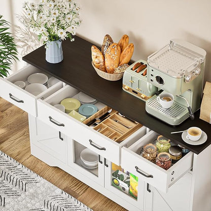 Likein Sideboard Buffet Cabinet with Storage, 55" Kitchen Coffee Bar Cabinet with 3 Drawers & Glass Doors, Farmhouse Sideboard Buffet Table with Adjustable Shelves for Living Room, Dining Room, White
