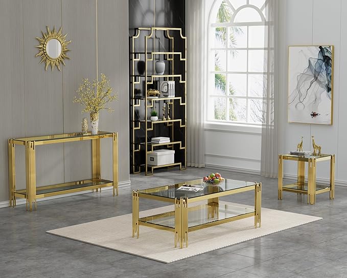 Henf Modern Glass Coffee Table Set with Storage Shlef 2 Piece Gold Living Room Tables Set Including Coffee Sofa Tables Set,Stainless Steel Frame, Tempered Glass Top for Living Room Home Office