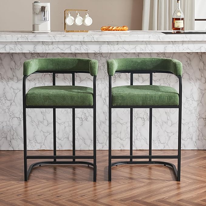 Modern Chenille Bar Stools Set of 2, Upholstered Counter Height Chairs with Metal e Armrests, Soft Chenille Fabric Bar Chairs for Kitchen Island, Dining Room, Home Bar,Green