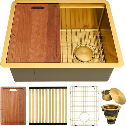 Gold Undermount Kitchen Sink 23 inch,Single Bowl Undermount Sink 16 gauge Stainless Steel,Workstation Kitchen Sinks with Gold Accessories (23" X 18")