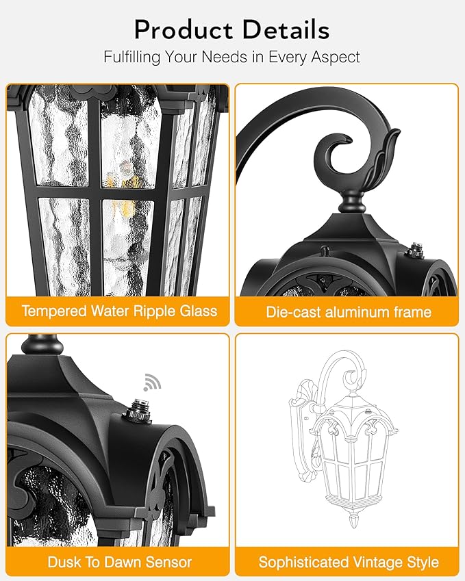 VIANIS Black 2-Pack Outdoor Porch Lights, Dusk to Dawn Outdoor Lighting, Anti-Rust Waterproof Garage Light Wall Mount, Modern Patio Wall Sconce with Rippled Glass, Outside Lights for House, Entryway